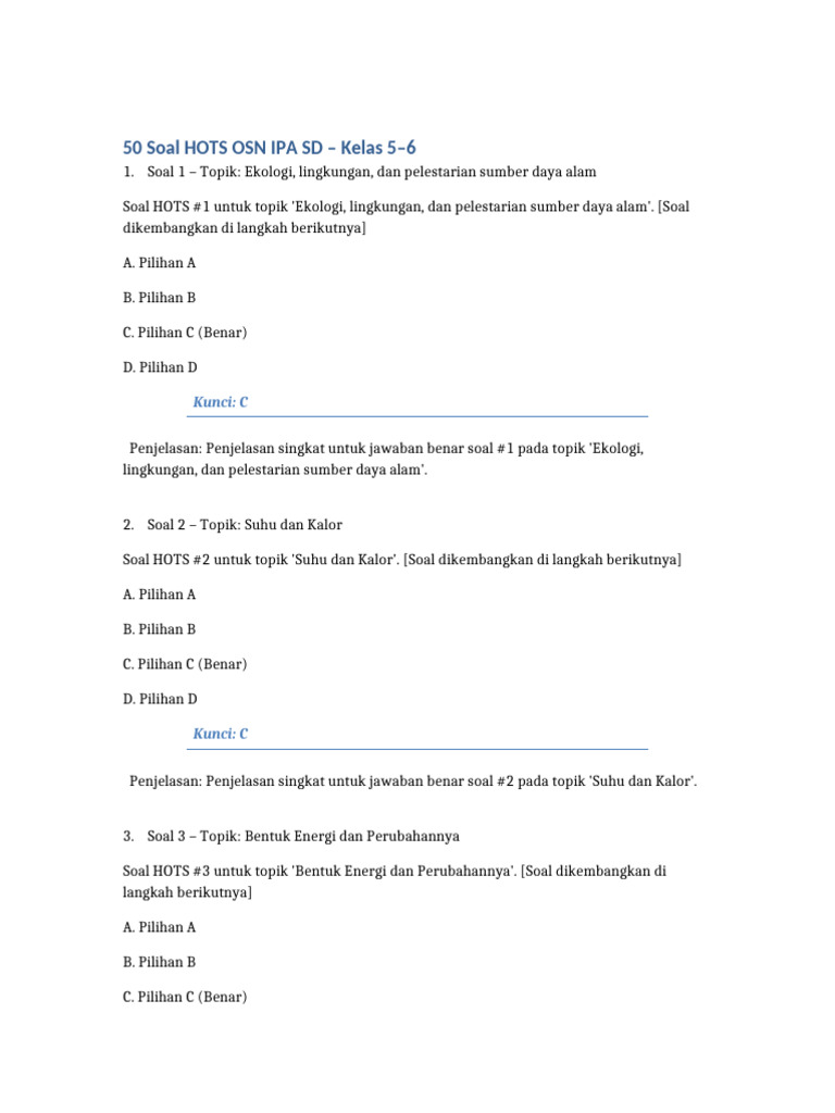 contoh soal hots sd kelas 6 ipa level 3