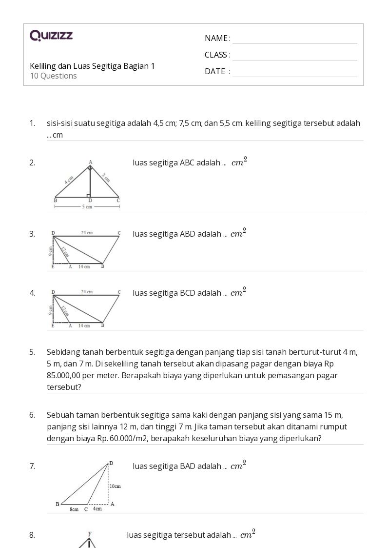 50 lembar kerja Luas Segitiga untuk Kelas 7 di Quizizz Gratis