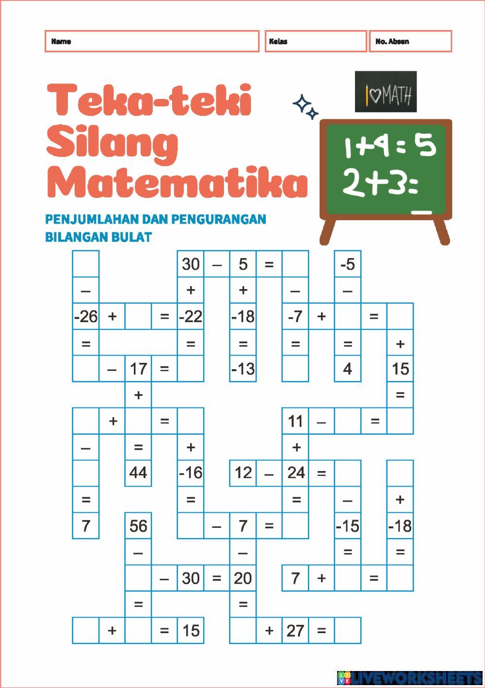 TTS Penjumlahan dan Pengurangan Bilangan Bulat worksheet