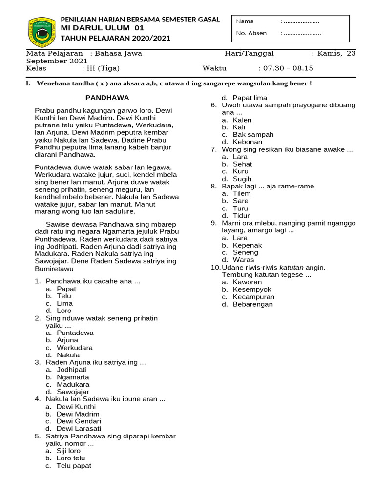 Soal Bahasa Jawa Kelas 3 Uts Gasal PDF