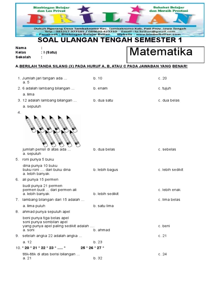 Soal Ulangan Matematika Kelas 1 PDF