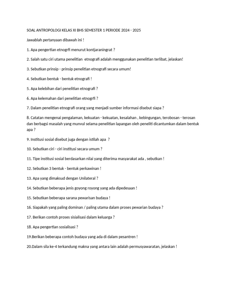 5 Contoh Soal Antropologi Kelas 11 Semester 1 yang Wajib Dikuasai Siswa di 2026 5 Contoh Soal Antropologi Kelas 11 Semester 1 yang Wajib Dikuasai Siswa di 2026