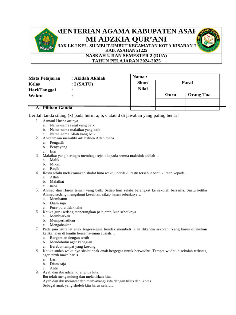 Ujian Akhlak Kelas 1 Diniyah 2024-2025 PDF