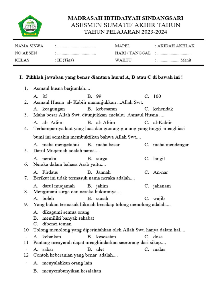 Menumbuhkan Generasi Berakhlak Mulia Panduan Soal Aqidah Akhlak Kelas Menumbuhkan Generasi Berakhlak Mulia Panduan Soal Aqidah Akhlak Kelas