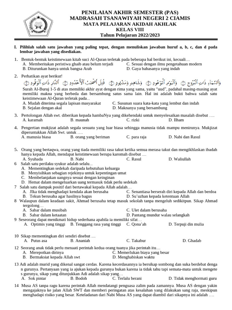 5 Contoh Soal Aqidah Akhlak Kelas 8 Semester 1 yang Wajib Dikuasai Sebelum Ujian