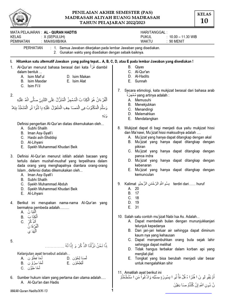 PAS Al-Quran Hadits Kelas X 2022 2023 PDF