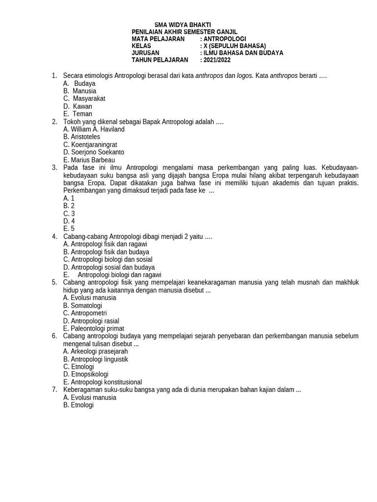 Akhirnya Terungkap 3 Tipe Contoh Soal Antropologi Kelas 10 Semester 1 Kurikulum 2013 yang Sering Muncul