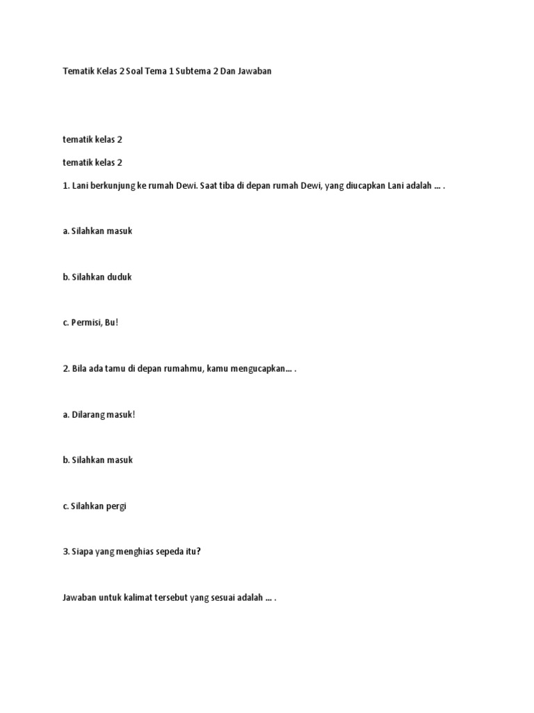 Soal Tematik Kelas 2 Tema 1 Subtema 2 PDF Soal Tematik Kelas 2 Tema 1 Subtema 2 PDF