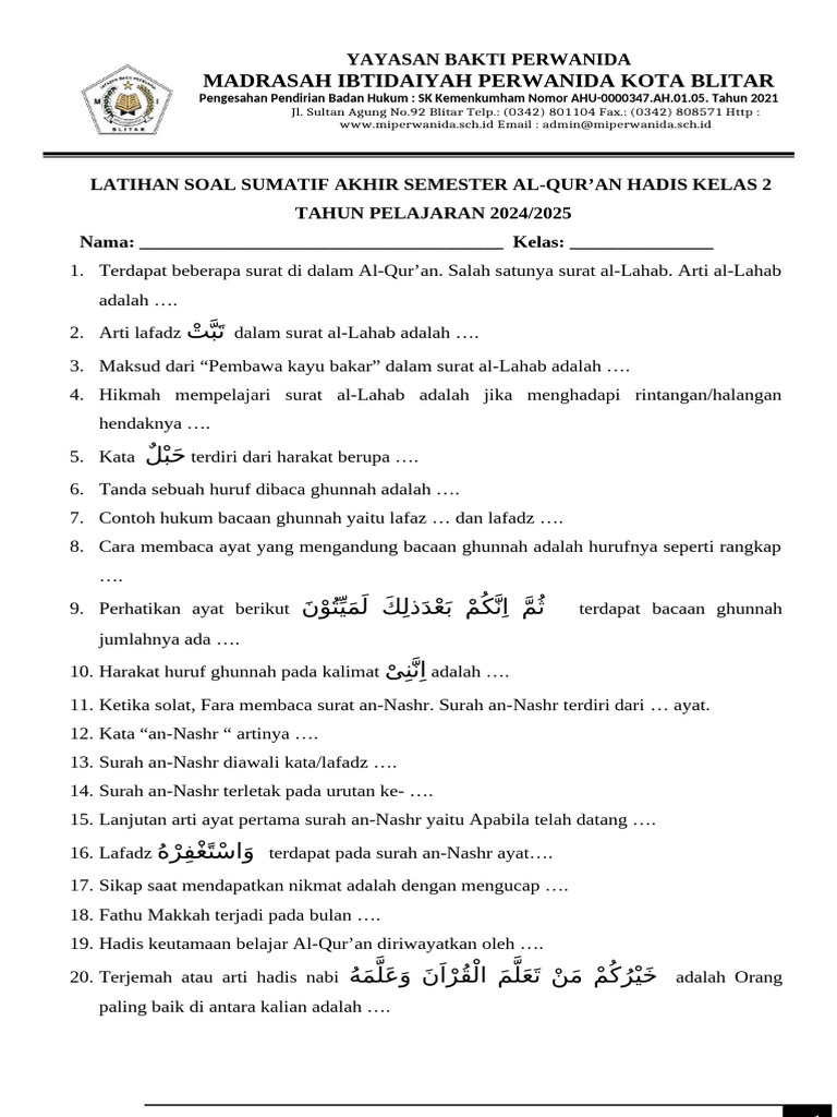 5 Contoh Soal Alquran Hadits Kelas 2 MI Semester 1 Tentang Idgham Mimi yang Wajib Diketahui