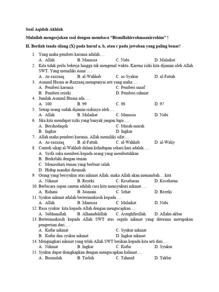Menanamkan Nilai Luhur Sejak Dini Memahami Soal Aqidah Akhlak Kelas 3 Menanamkan Nilai Luhur Sejak Dini Memahami Soal Aqidah Akhlak Kelas 3