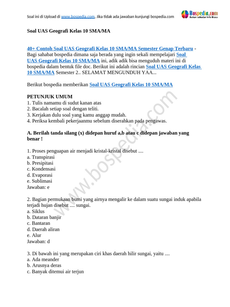 Soal UAS Geografi Kelas 10 Semester 1 PDF Soal UAS Geografi Kelas 10 Semester 1 PDF