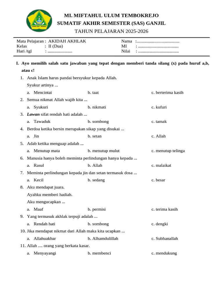 Soal Akidah Akhlak Kelas II MI 2025-2026 PDF
