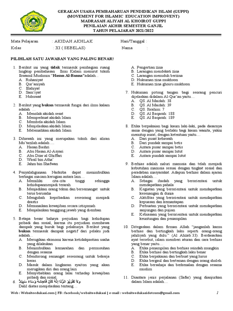 Contoh Soal Aqidah Ahlak Kelas 11 Semester 1 yang Sering Muncul di Ujian, Wajib Tahu Sebelum Terlambat