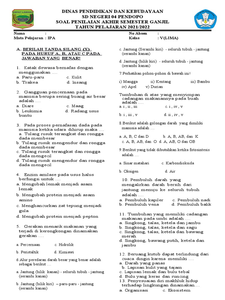 Soal UAS IPA Kelas 5 Semester 1 PDF Soal UAS IPA Kelas 5 Semester 1 PDF