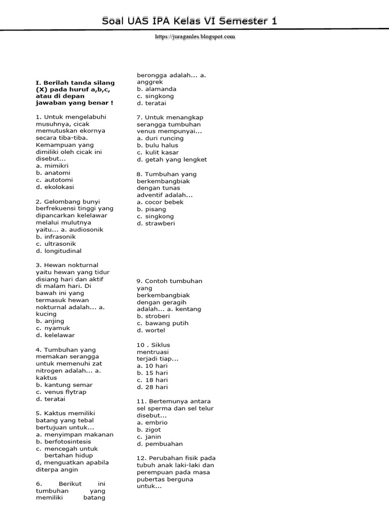 Soal UAS IPA Kelas 6 Semester 1 PDF Soal UAS IPA Kelas 6 Semester 1 PDF