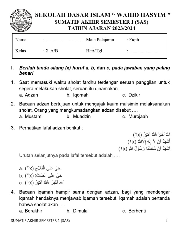 Terbukti! Contoh Soal Tematik Kelas 2 Fiqih UAS Semester 1 yang Bikin Nilai Naik Seketika