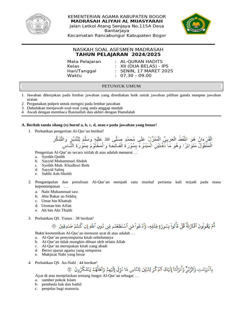 Soal Asesmen Al-Qur an Hadits Kelas XII PDF Soal Asesmen Al-Qur an Hadits Kelas XII PDF