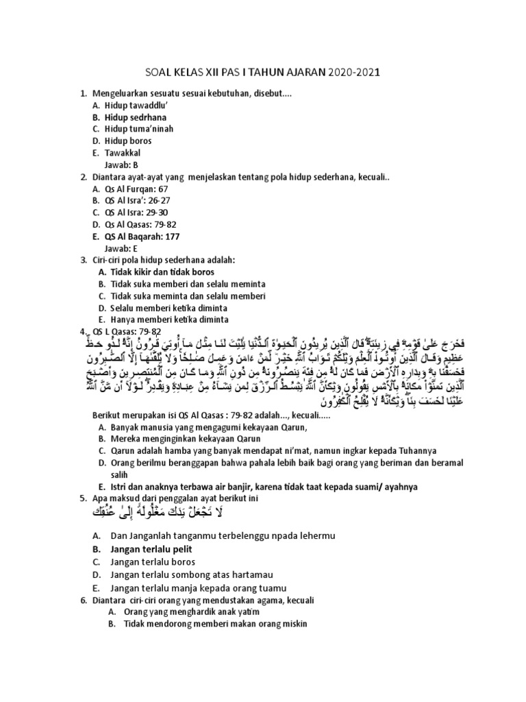 contoh soal alquran hadits kelas xii ktsp 1 2