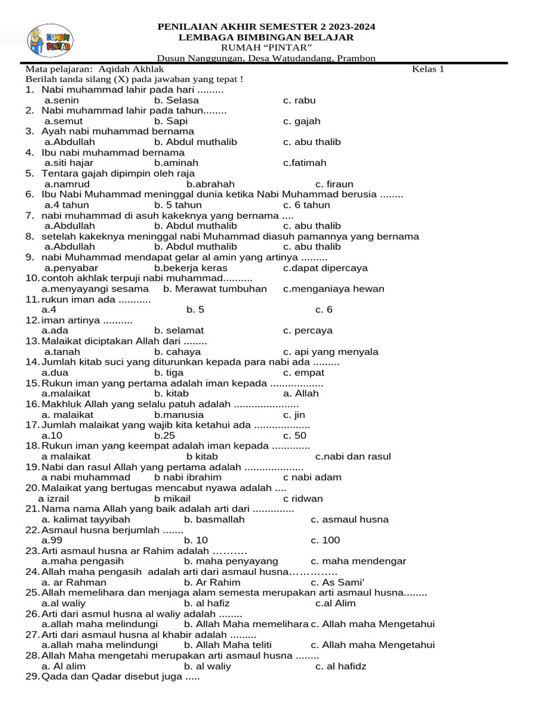contoh soal aqidah akhlak kelas 1 semester 2