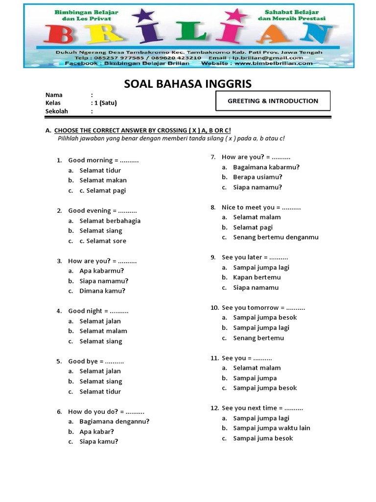 Soal Greeting and Introduction Bahasa Inggris Kelas 1 SD PDF Soal Greeting and Introduction Bahasa Inggris Kelas 1 SD PDF