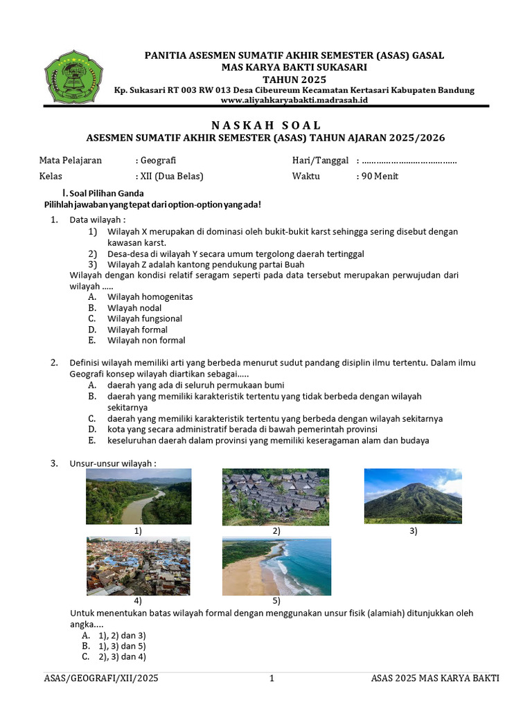 Soal Geografi Kelas XII ASAS 2025 PDF Soal Geografi Kelas XII ASAS 2025 PDF