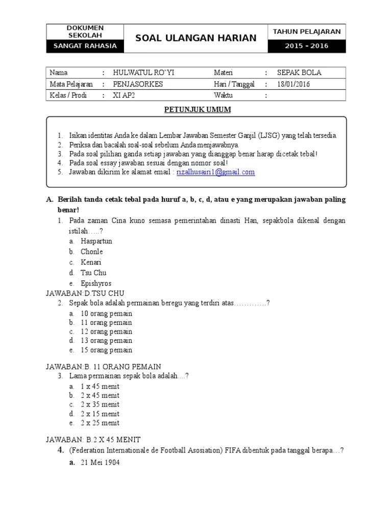 Terbukti! 5 contoh soal essay penjas kelas 10 semester 2 k13 sepakbola untuk Nilai Tinggi