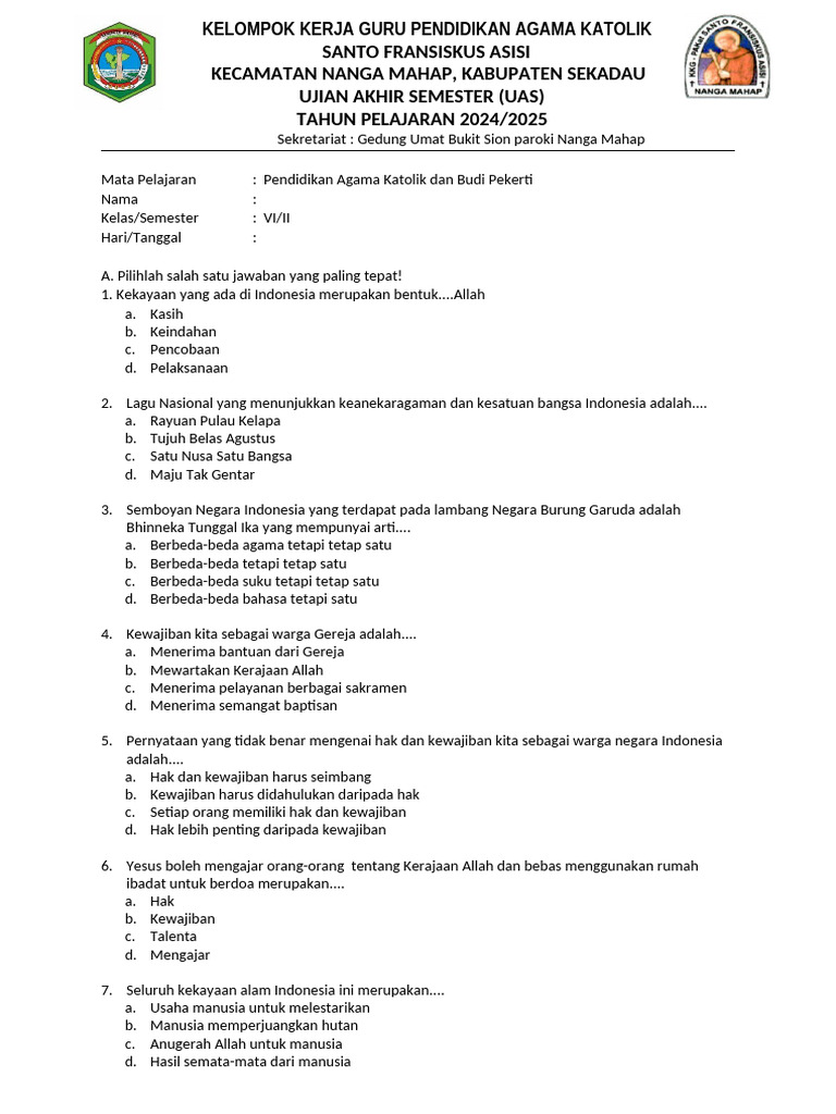 Bocoran Soal Agama Katolik SD Kelas 6 Semester 1 yang Wajib Kamu Kuasai Sekarang Bocoran Soal Agama Katolik SD Kelas 6 Semester 1 yang Wajib Kamu Kuasai Sekarang