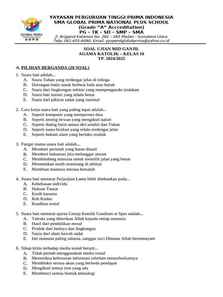 Rahasia Lulus Nilai Sempurna Bocoran Soal Agama Katolik UAS Semester 1 Kelas 10