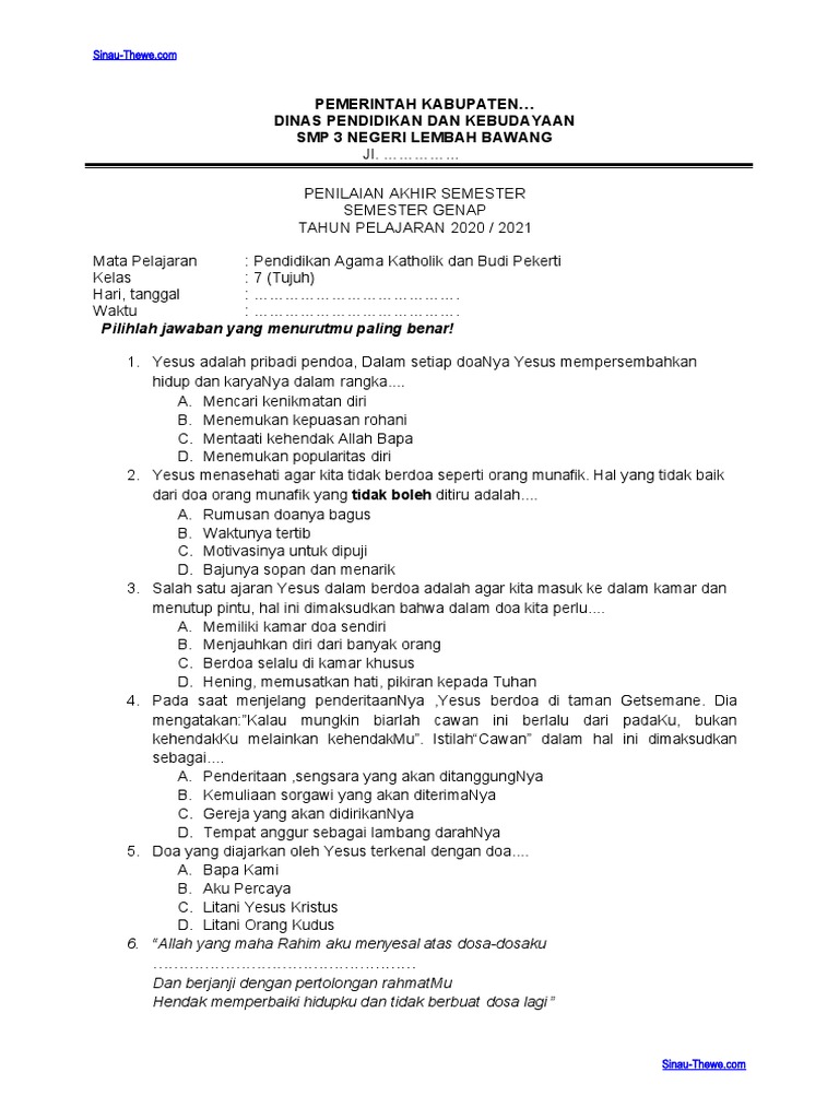 Wajib Tahu Bocoran Soal Agama Katolik SMP Kelas 7 Semester 1 Kurikulum 2013 Terbaru Wajib Tahu Bocoran Soal Agama Katolik SMP Kelas 7 Semester 1 Kurikulum 2013 Terbaru