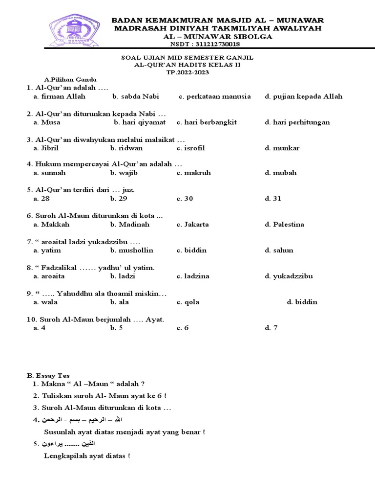 Wajib Tahu! Download pdf soal uas 2 qurdist mi kelas 2 klik soal paling akurat Wajib Tahu! Download pdf soal uas 2 qurdist mi kelas 2 klik soal paling akurat