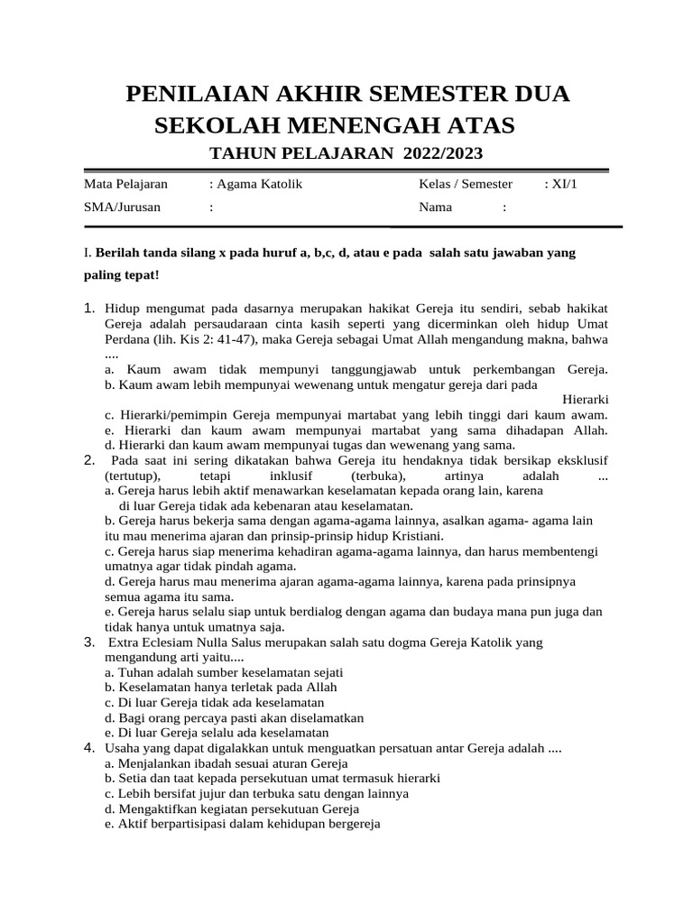 Wajib Tahu Kumpulan Soal Agama Katolik SMA Kelas XI Semester 1 Terupdate Tahun Ini